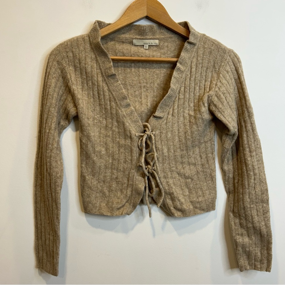 Monk & Lou Ribbed Cropped Cardigan Sweater Lace Up Ruffle Collar Brown